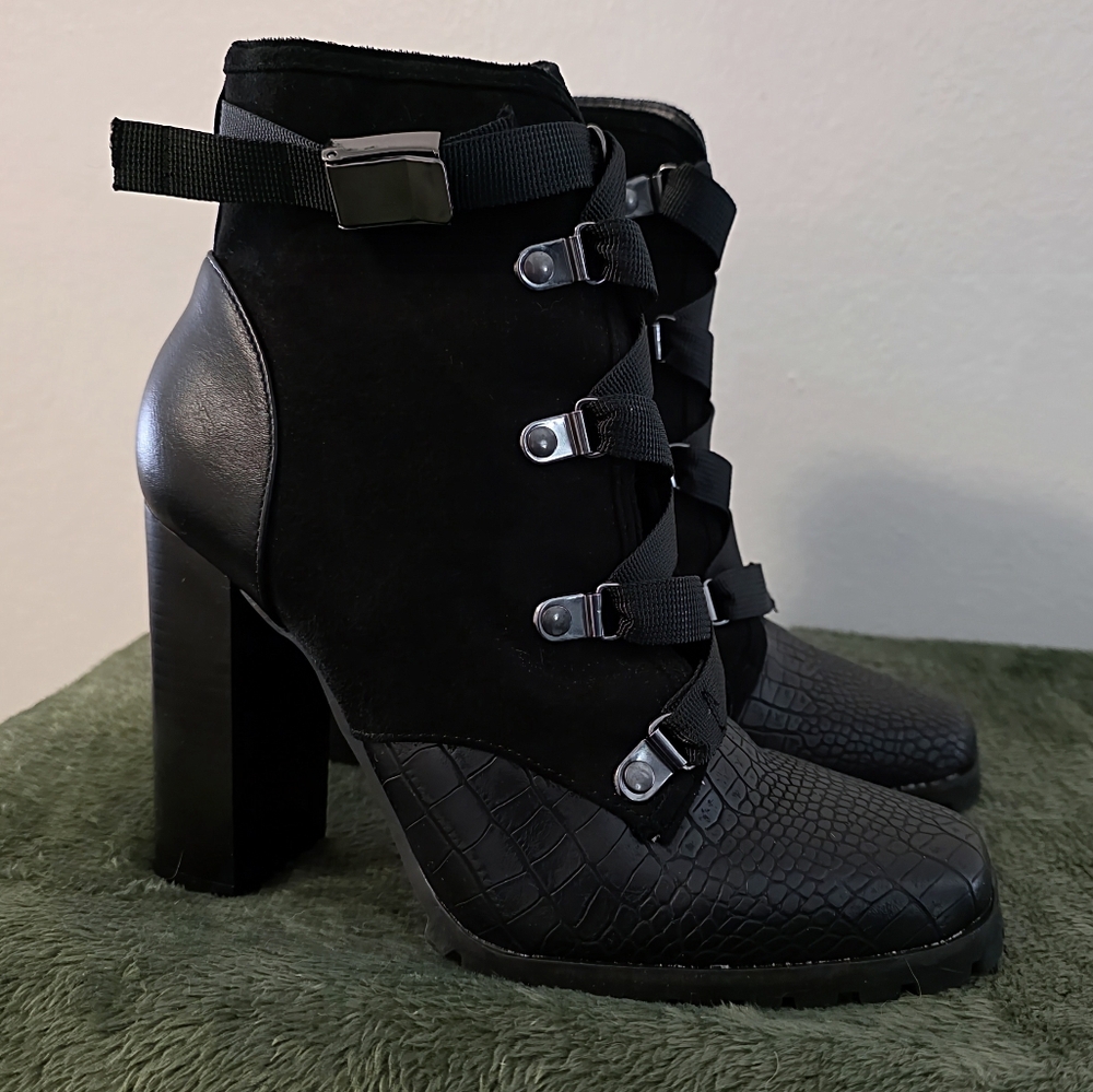 Justfab Black Heeled Ankle Boots with Buckle Detail